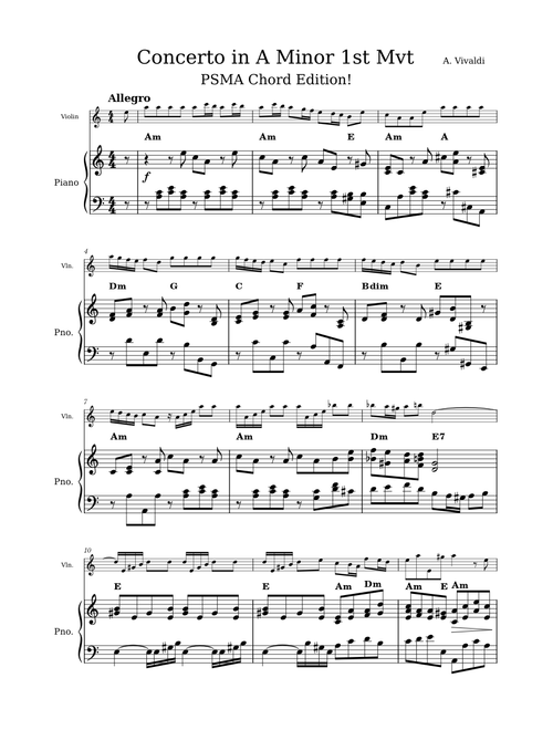 Vivaldi Violin Concerto in A Minor (Accompaniment with Chords)