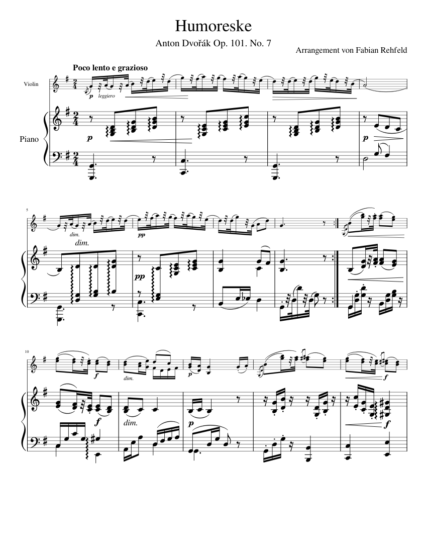 Humoresque by Antonín Dvořák, arranged for Violin and Piano by Fabian ...