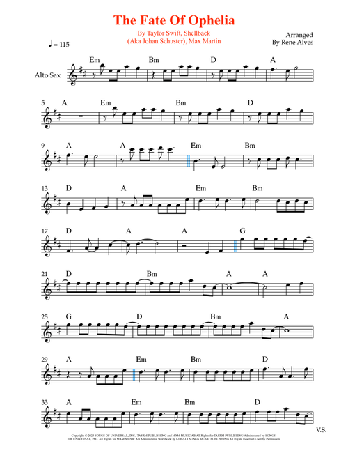 The Fate Of Ophelia (Arr. Rene Alves) - Taylor Swift (Alto Sax Solo)