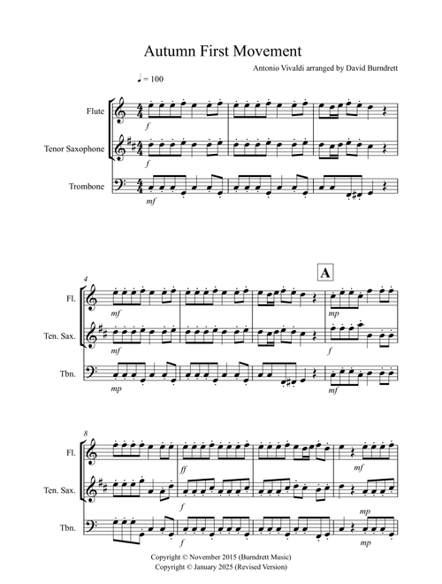 Autumn "Four Seasons" for Flute, Tenor Saxophone and Trombone Trio (Arr. David Burndrett) - Antonio Vivaldi (Small Ensemble)
