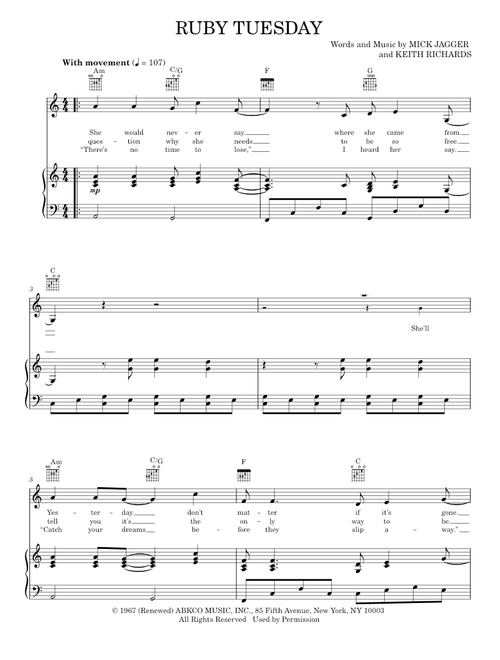 Ruby tuesday - The Rolling Stones (Piano-Vocal-Guitar)