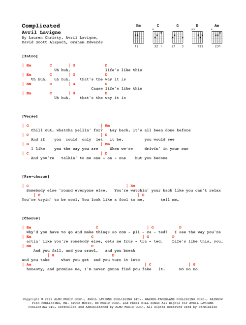 Complicated (Arr. Alex Davis) - Avril Lavigne (Guitar Chords-Lyrics)