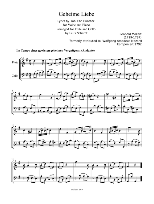Mozart, Leopold - "Geheime Liebe" for Flute & Cello