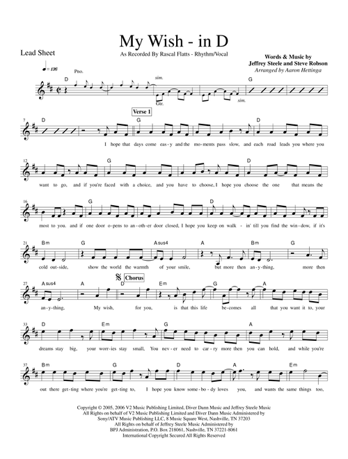 My Wish (Arr. Aaron Hettinga) - Rascal Flatts (Lead Sheet - Fake Book)