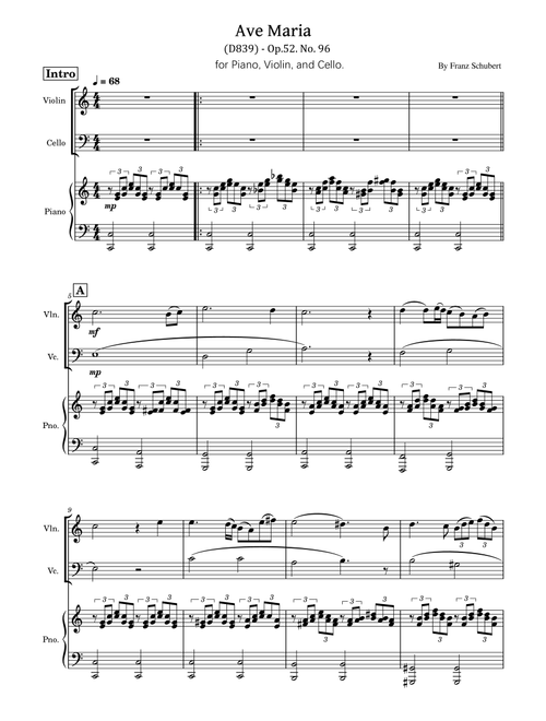 Shubert - Ave Maria (D839) - Op.52. No.96 - Arr.For String and Piano Trio (Arr. poon) - Franz Schubert (Small Ensemble)