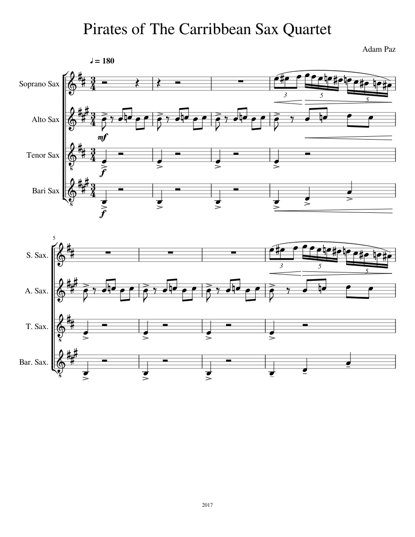 Pirates Of The Caribbean Sax Quartet V7 Sheet Music For Saxophone Alto