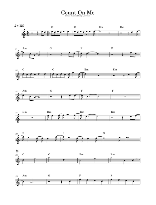 Count on me – Bruno Mars (Easy Piano Lead Sheet)