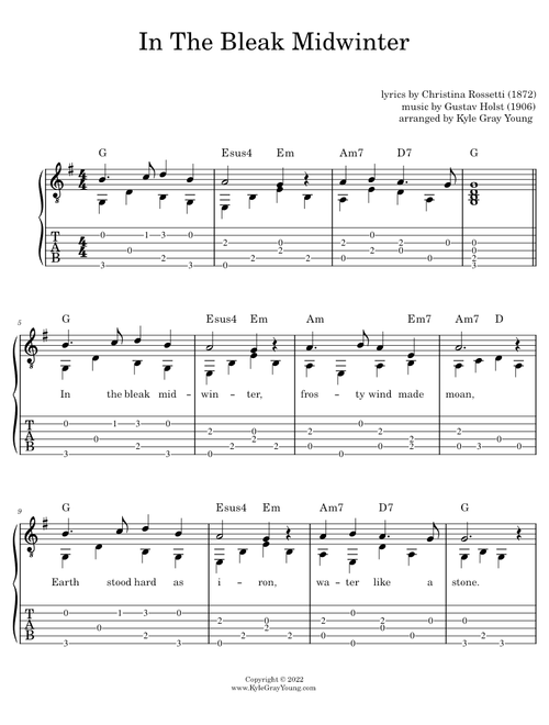 In The Bleak Midwinter – Gustav Holst (easy fingerpicking guitar tabs)