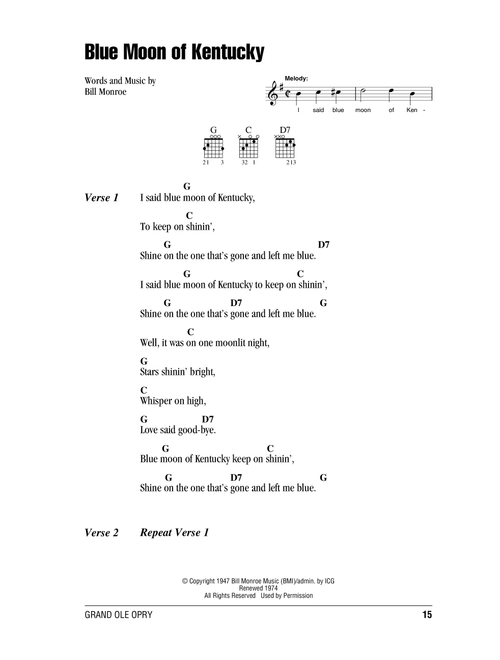 Blue Moon Of Kentucky - Bill Monroe, Patsy Cline, Elvis Presley (Guitar Chords-Lyrics)