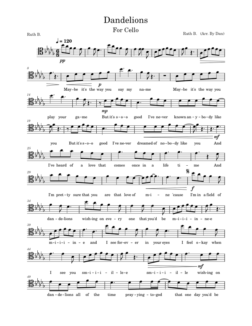 Dandelions – Ruth B Dandelions Sheet Music For Cello (Solo) | Musescore.com