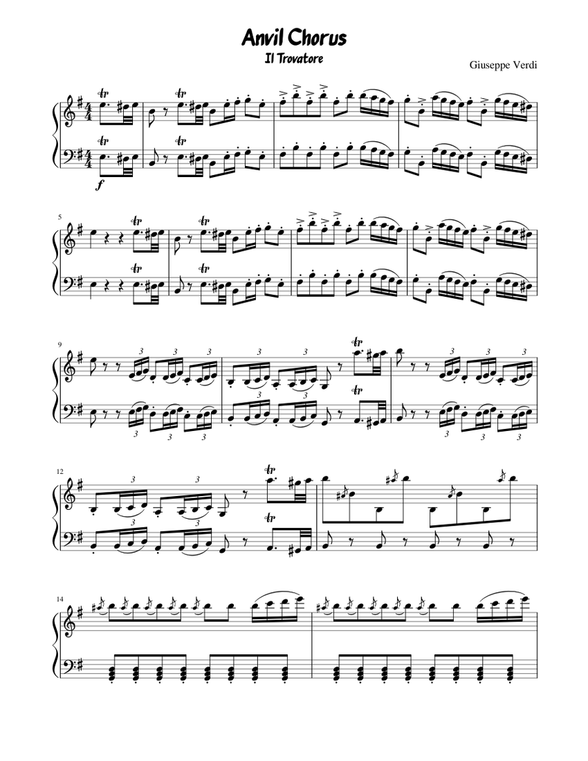 Verdi - Il Trovatore – Anvil Chorus Sheet Music for Piano (Solo