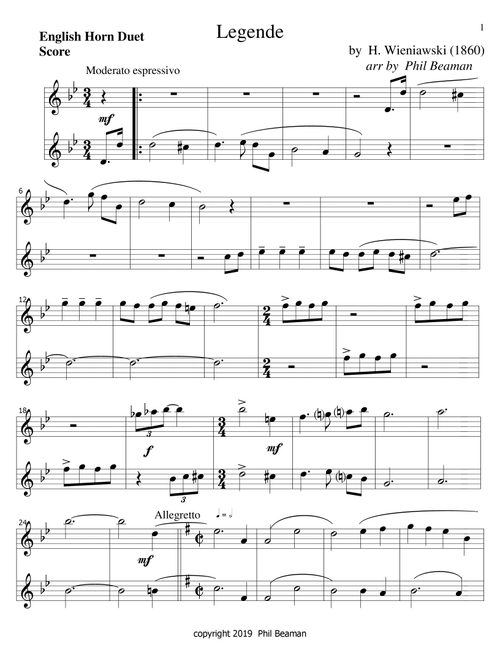 Legende-Wieniawski-English Horn duet (Arr. Phil Beaman) - H Wieniawski (Instrumental Duet)