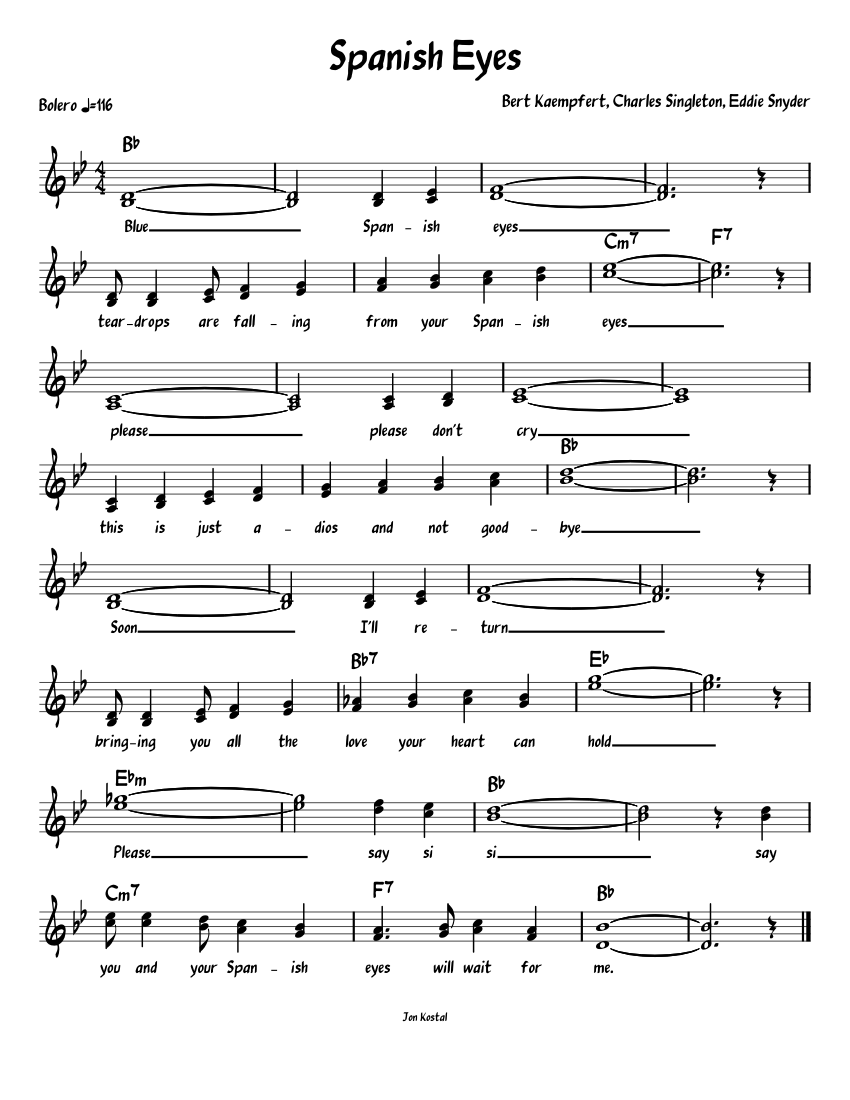 Blue Spanish Eyes - Bert Kaempfert Sheet Music for Piano (Solo) Easy ...