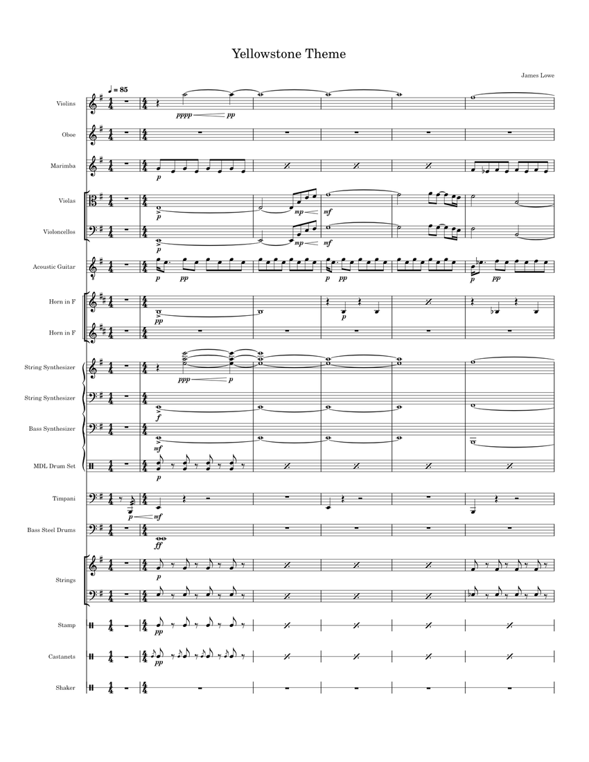 Yellowstone Theme Sheet music for Oboe, French horn, Timpani, Guitar