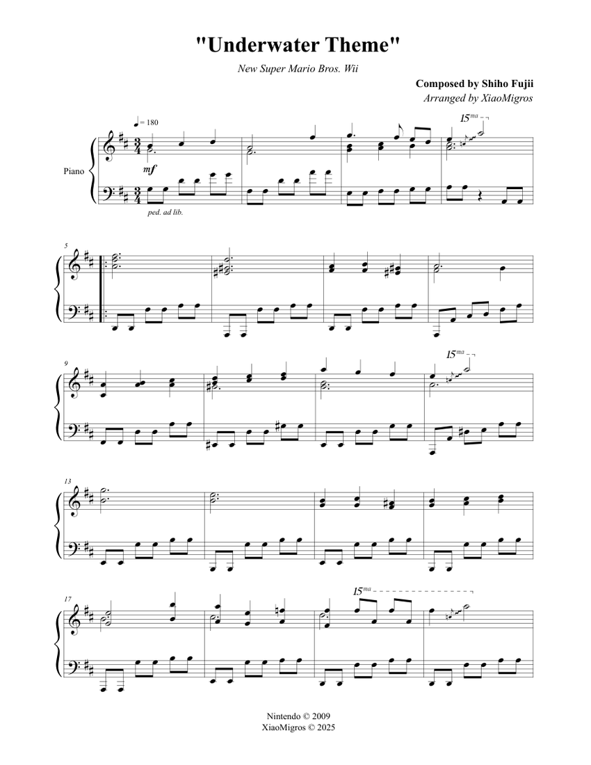 Underwater - New Super Mario Bros. Wii Sheet music for Piano (Solo ...