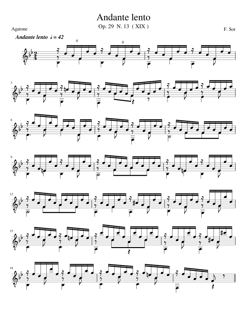 F. Sor Op.29 N.13 (1) (XIX) Andante lento Sheet Music for Guitar