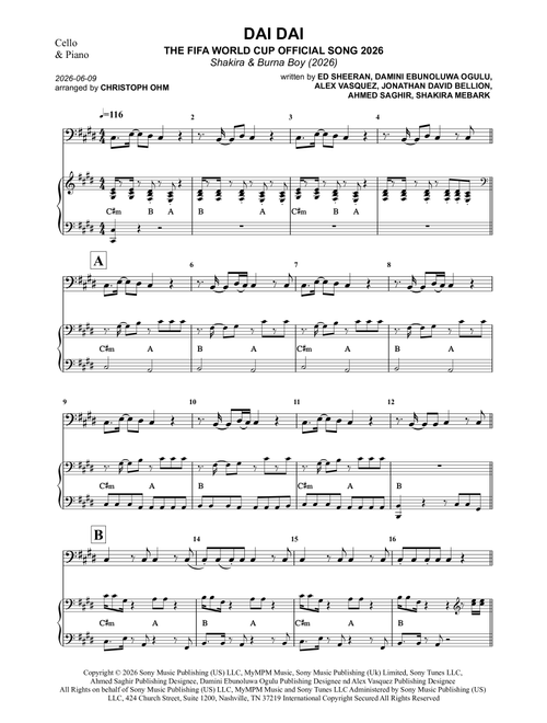 Dai Dai (Arr. Christoph Ohm) - Shakira & Burna Boy (Cello and Piano)
