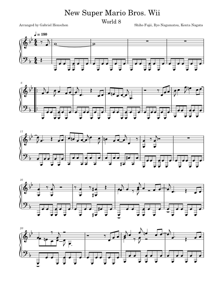 New Super Mario Bros. Wii World 8 Theme Sheet Music for Piano (Solo ...