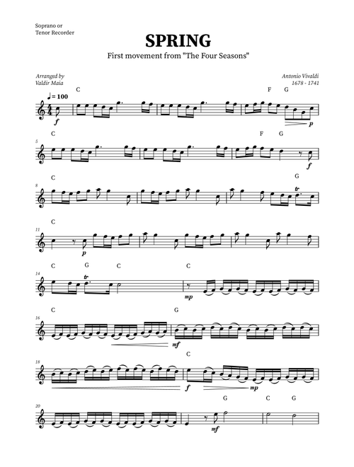 Spring - The Four Seasons for Soprano Recorder (+ CHORDS) (Arr. Valdir Maia) - Antonio Vivaldi (Recorder Solo)