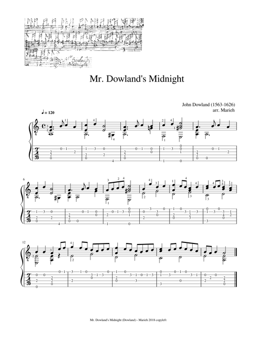 Mr. Dowland's Midnight - John Dowland (1563 - 1626) - Tablature