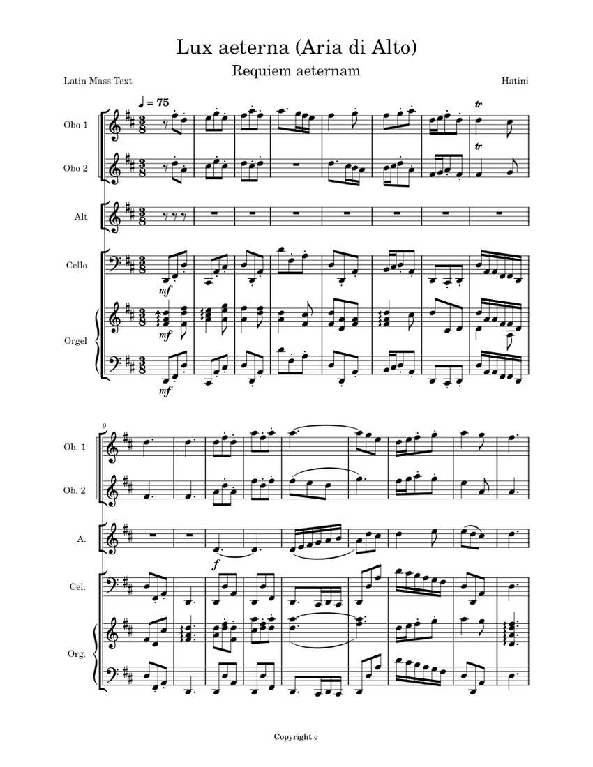 Lux Aeterna Aria Di Alto Sheet Music For Alto, Organ, Oboe, Cello ...