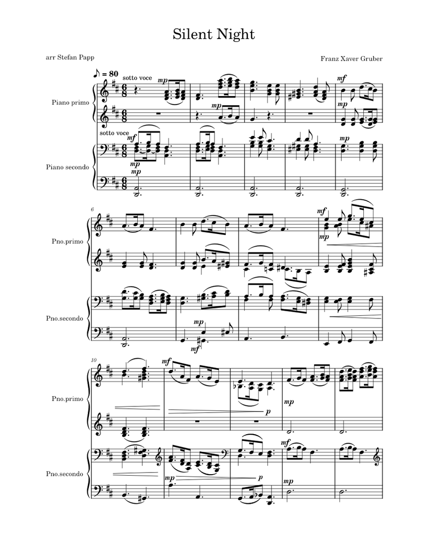 Silent Night - Franz Xaver Gruber, Piano 4 Hands Arr Stefan Papp Sheet ...