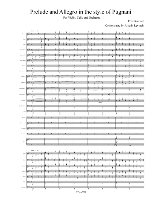 Fritz Kreisler - Prelude and Allegro in the style of Pugnani, for Violin, Cello and Full Orchestra, (Arr. Arkady Leytush) (Full Orchestra)