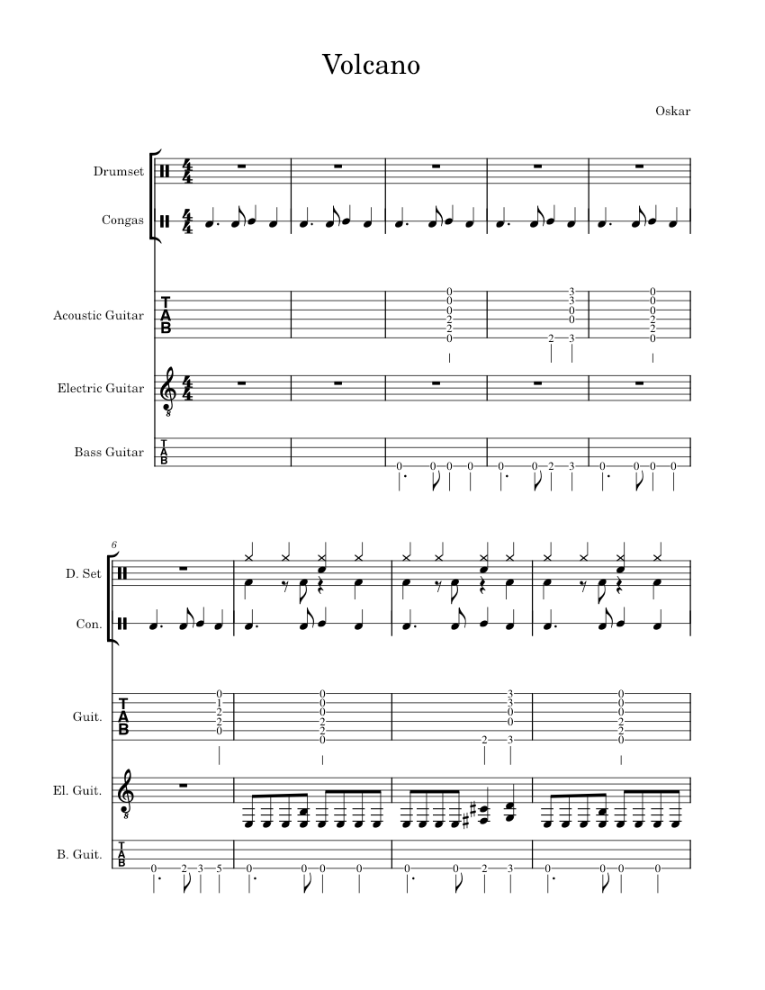 Volcano Sheet Music and Tab for Guitar, Bass guitar, Drum group, Conga ...