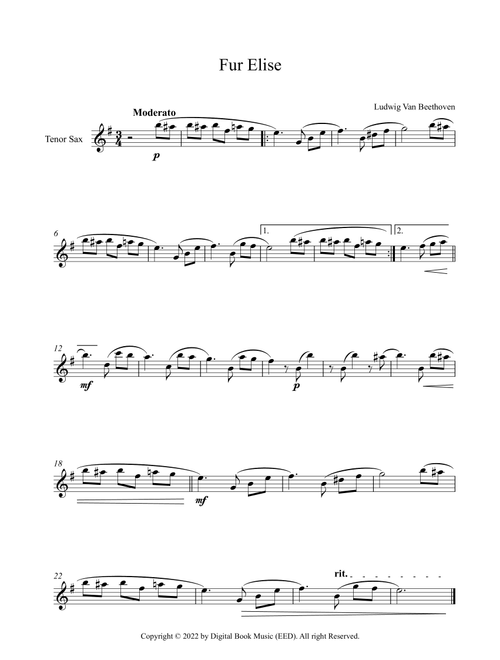 Fur Elise - Ludwig Van Beethoven (Tenor Sax) (Arr. Digital Book Music) (Tenor Sax Solo)