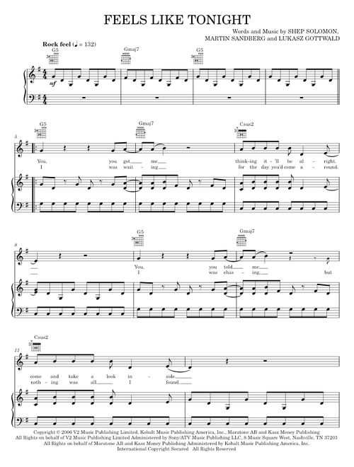 Feels like tonight - Daughtry (Piano-Vocal-Guitar)