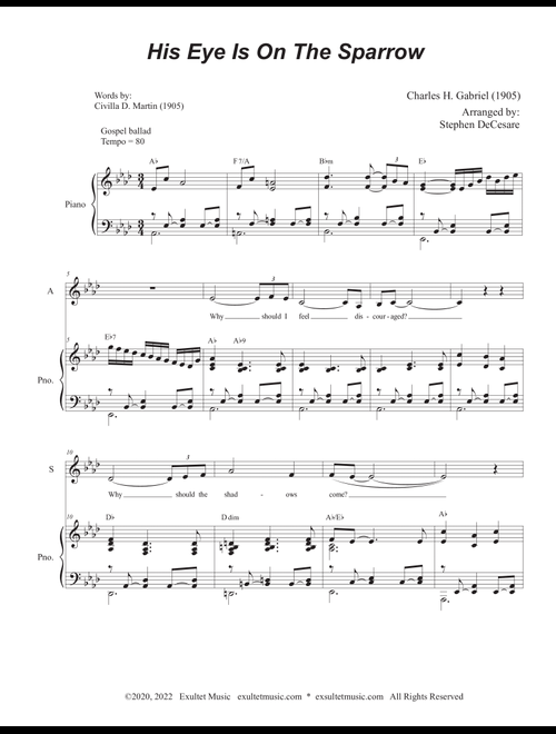 His Eye Is On The Sparrow (Duet for Soprano and Alto solo) (Easy Vocal Duet Version) (Arr. Stephen DeCesare) (Voice Duet and Piano)
