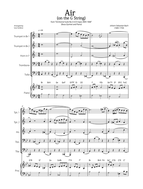 "Air - on the G string" (Bach) - Beautiful EASY version for BRASS QUINTET and PIANO (chord symbols). (Arr. Iury Cardoso) - Johann Sebastian Bach (Small Ensemble)
