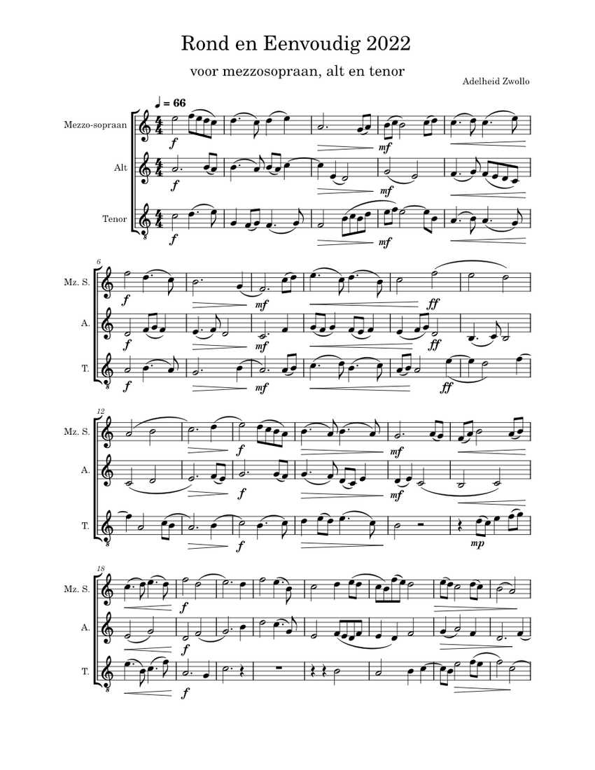 Musical Score Rond Rond en Eenvoudig 2022 voor m.sopr. alt en tenor Sheet Music for Alto ...