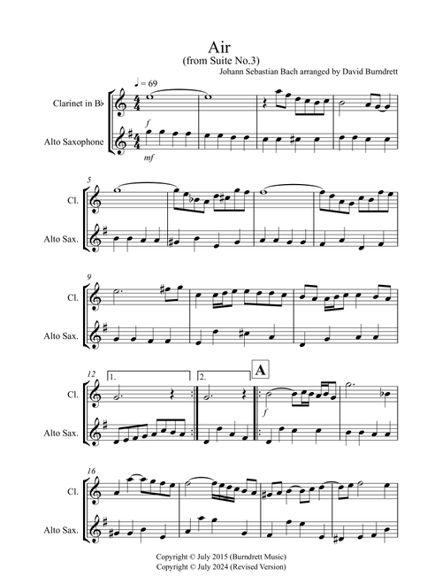 Air on a G String for Clarinet and Alto Saxophone Duet (Arr. David Burndrett) - Johann Sebastian Bach (Instrumental Duet)
