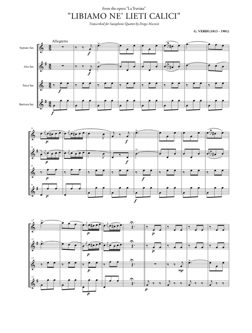 "Libiamo ne' lieti calici" (Brindisi) for Saxophone Quartet (SATB) (Arr. Diego Marani) - G. Verdi (Woodwind Ensemble)