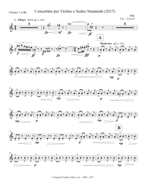 Concertino per Violino e Sedici Strumenti (2017) clarinet in Bb part 1 - Thomas Oboe Lee (Large Ensemble)