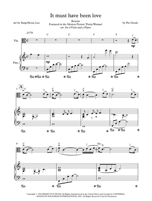 It Must Have Been Love (Arr. Sang-Hoon, Lee.) - Roxette (Viola and Piano)