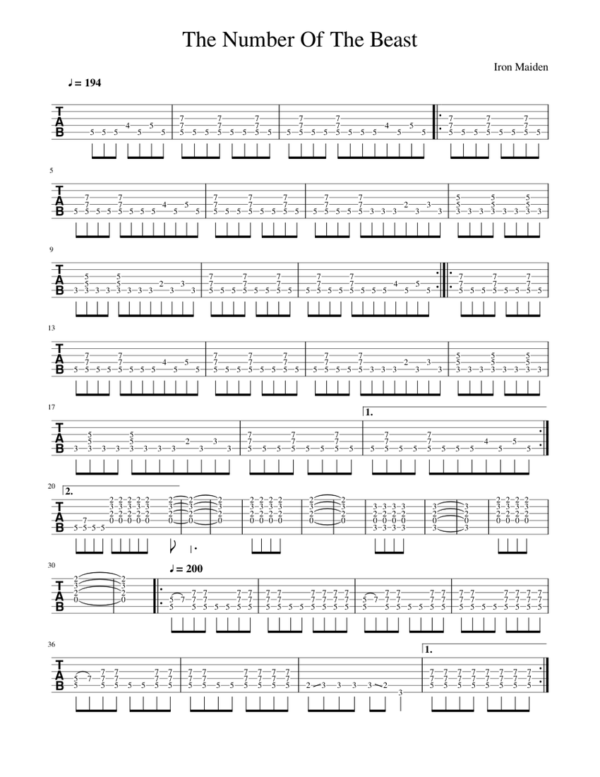アイアン・メイデン The Number of The Beast ギター楽譜 Iron Maiden - The Number Of The Beast Sheet Music and Tab for