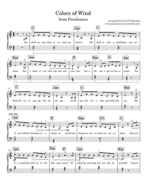 Colors of Wind - key of C for singing