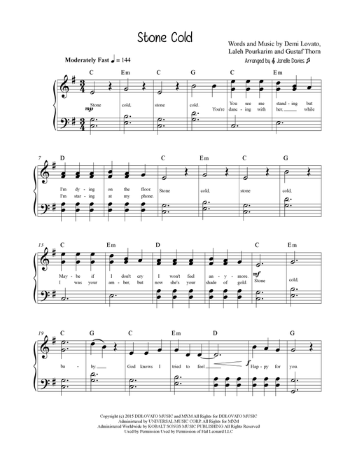 Stone Cold (Arr. Janelle Davies) - Demi Lovato (Piano Vocal)
