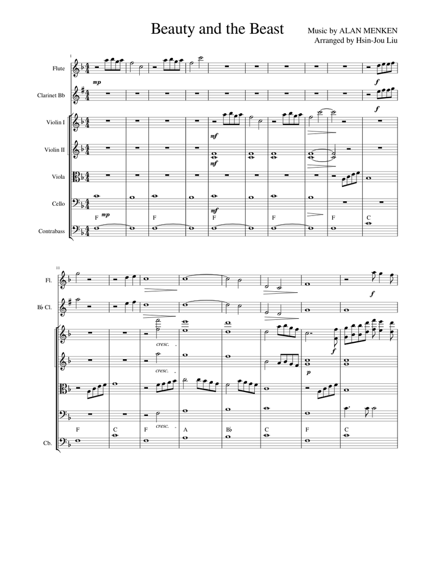 Beauty and the Beast in F major Sheet Music with Chords for Flute