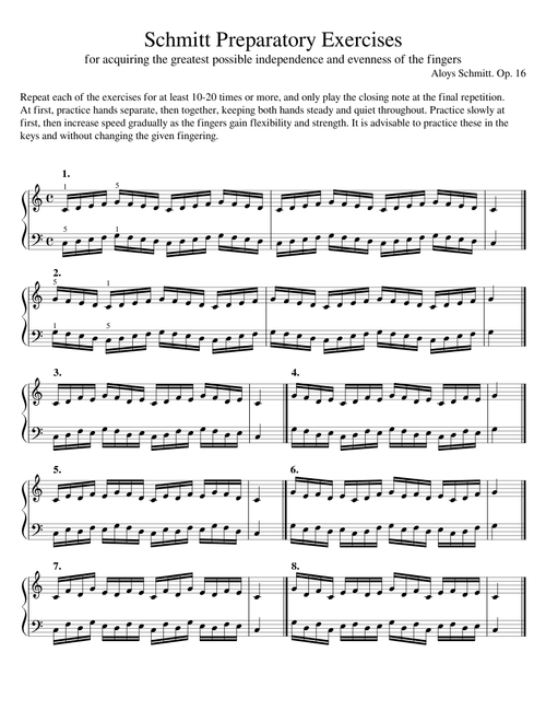 Schmitt Preparatory Exercises - for acquiring the greatest possible independence and evenness of the fingers