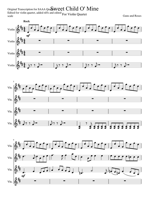 Sweet Child of Mine Violin Quartet Shifted 1 Chromatic Interval Up