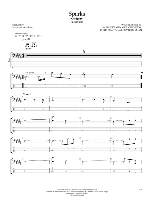 Sparks (Arr. Gavin Jackson Music) - Coldplay (Bass Tab)