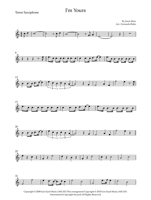 I'm Yours (Arr. Fernando Britto) - Jason Mraz (Tenor Sax Solo)