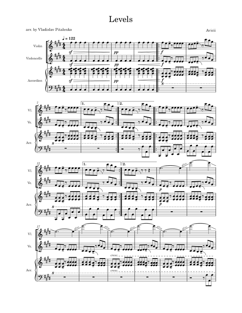 Levels Avicii Levels Sheet music for Accordion, Violin, Cello (Mixed