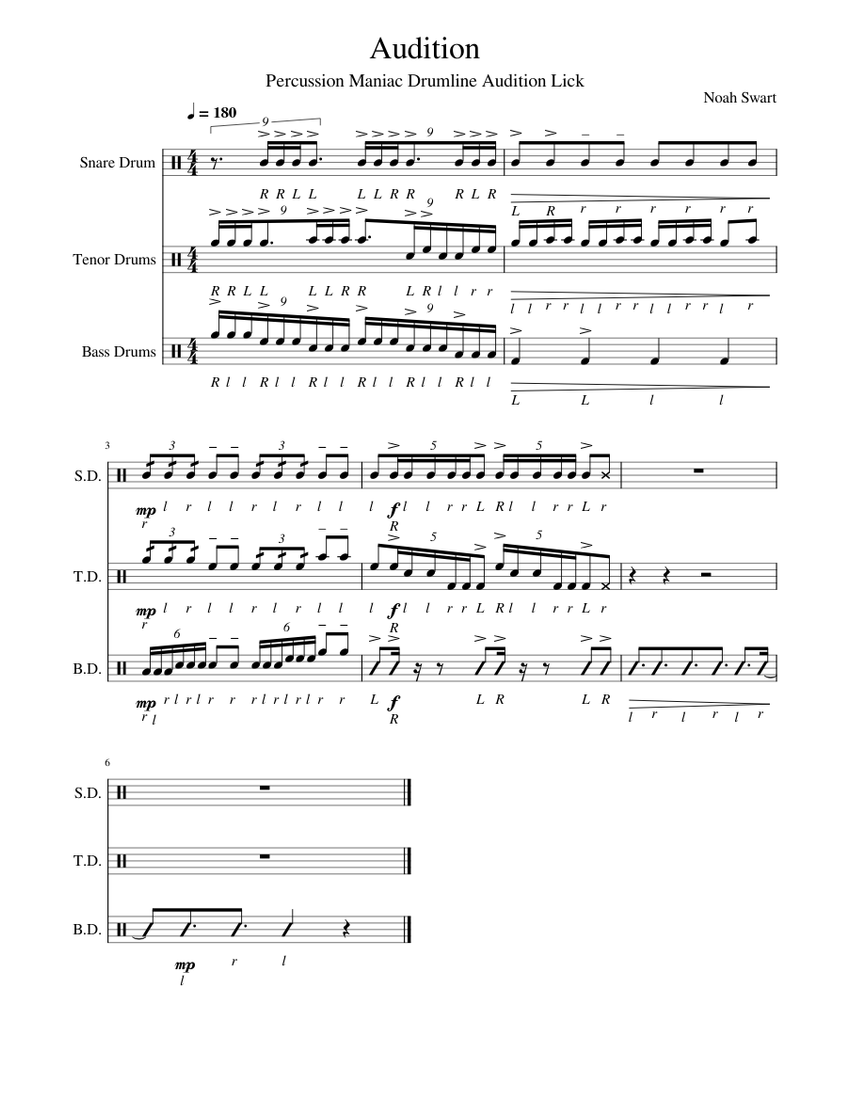 Audition Sheet music for Snare drum, Tenor drum, Bass drum (Percussion