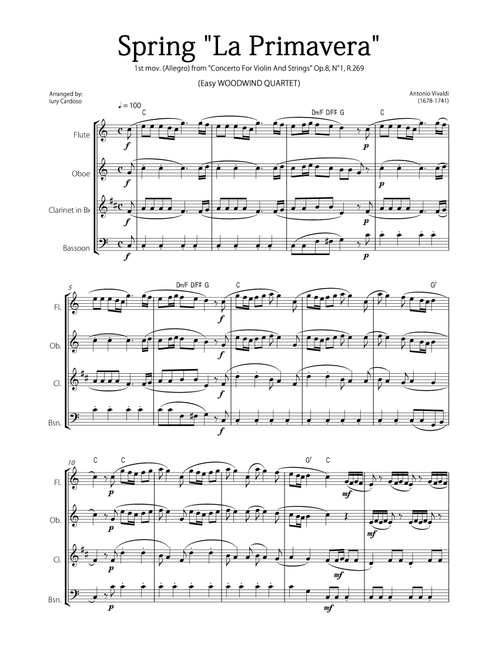 "Spring" (La Primavera) by Vivaldi - Easy version for WOODWIND QUARTET (Arr. Iury Cardoso) - Antonio Vivaldi (Woodwind Ensemble)