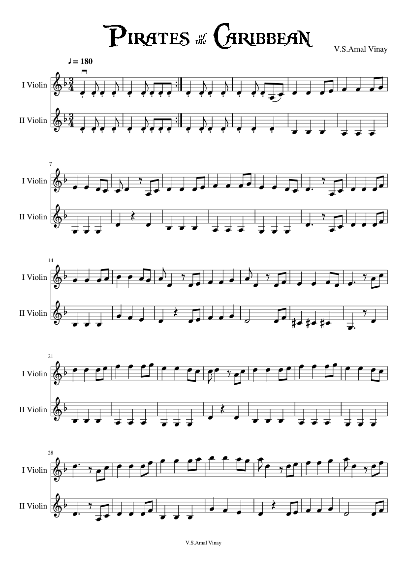 He's a Pirate of the Theme) by V.S.Amal Vinay Sheet music for Violin (String Duet) | Musescore.com