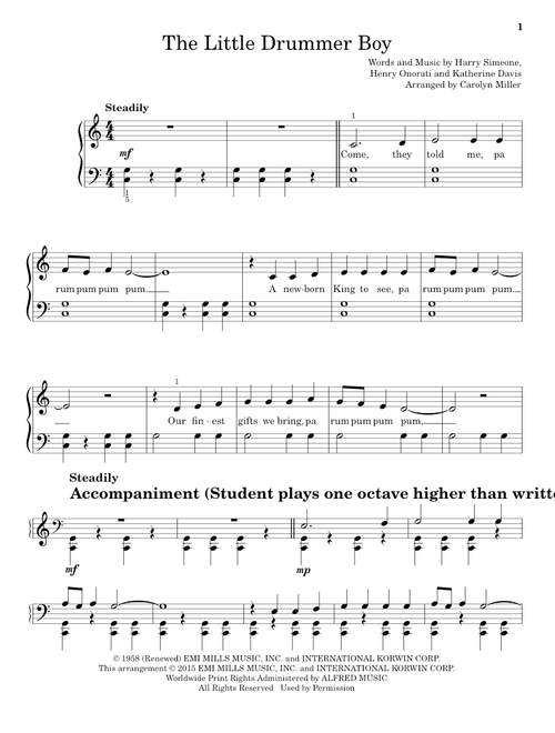 The Little Drummer Boy (Arr. Carolyn Miller) (Educational Piano)